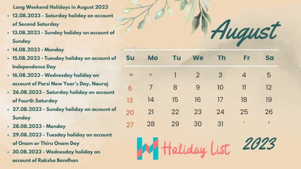 August 2023 Calendar with Holidays India Holiday List India
