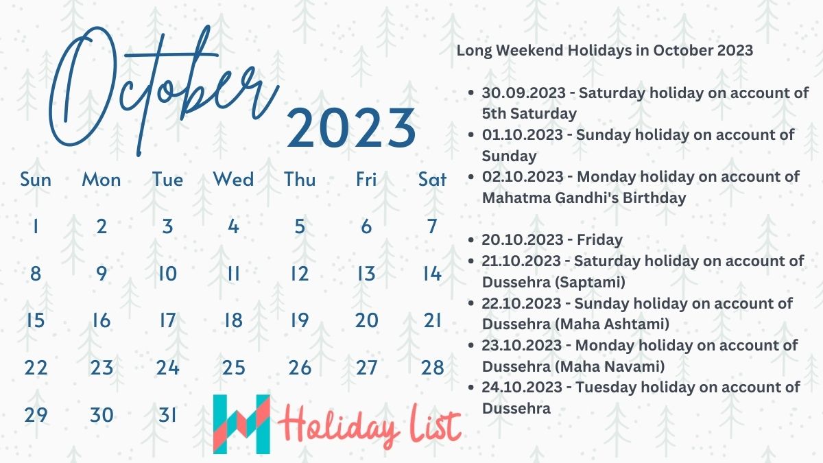 October Calendar 2023 with Holidays India PDF