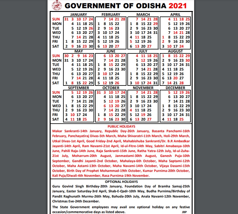 Odisha govt Calendar Holiday List 2021 PDF Odisha govt School Holiday