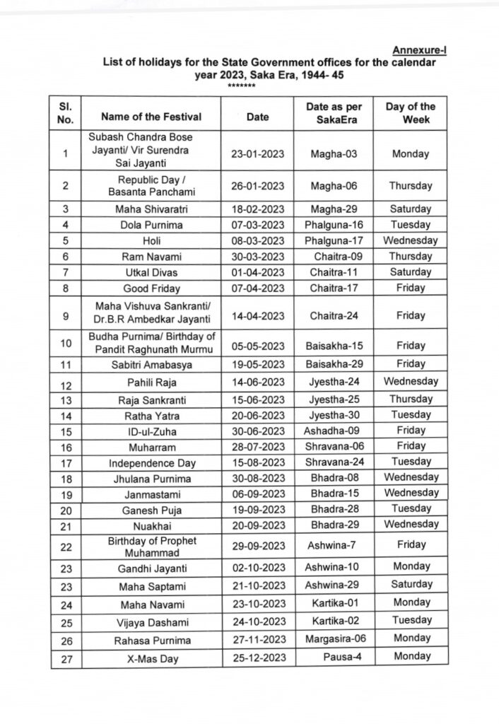 Odisha Govt Calendar 2025 With Holidays Download 