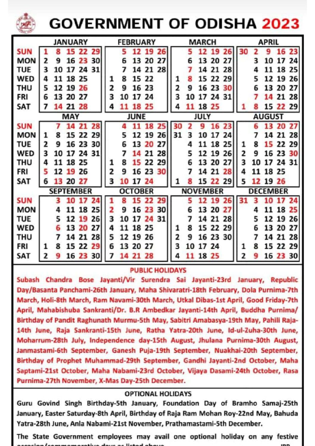 Odisha School Academic Calendar Holidays 2023-2024 PDF Download