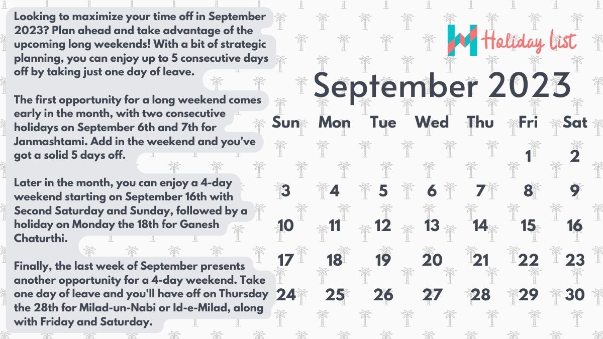 September 2023 Calendar with Holidays India Holiday List India